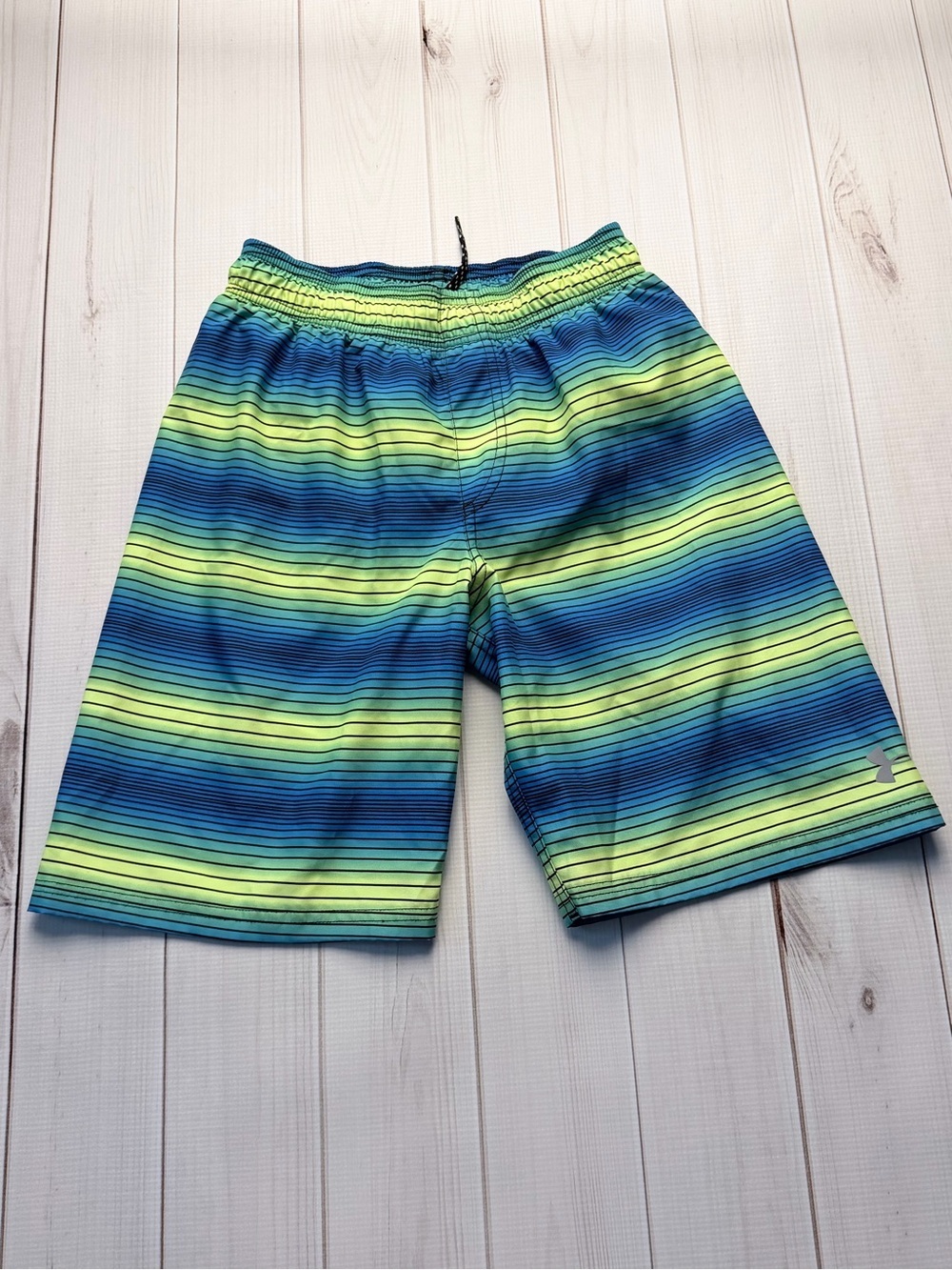 Under Armour Boys' Blue and Lime Gradient Stripe Swim Trunks